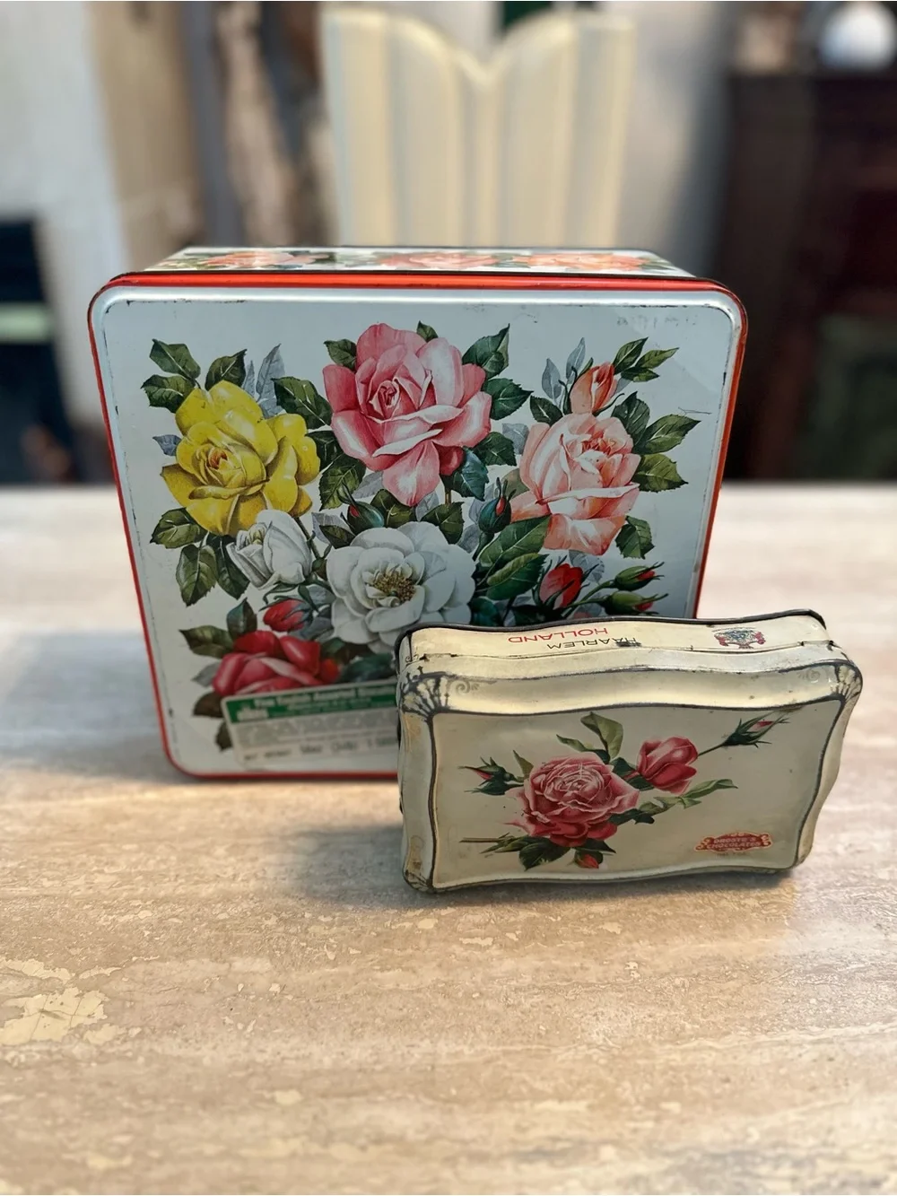 Vintage Floral Chocolate Tins  Set of 2 - Rose Motif, White & Red